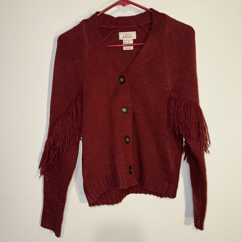 Ariat Cardigan Womens XS Button Sweater Fringe Red Maroon Knit Western